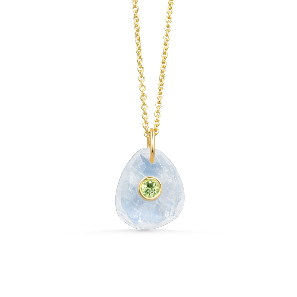 Moonflower pendant featuring moonstone and peridot gemstones, crafted by Earthly Abundance, displayed with intricate floral design.