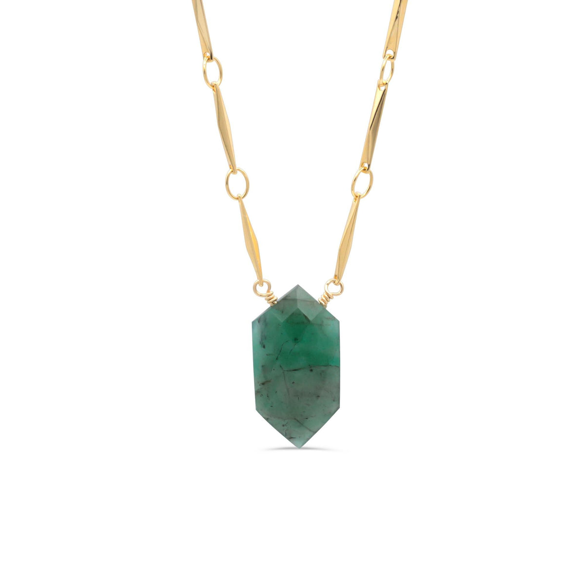 Temple Emerald Necklace in 14K gold filled with a detailed emerald pendant, showcasing elegant jewelry design.