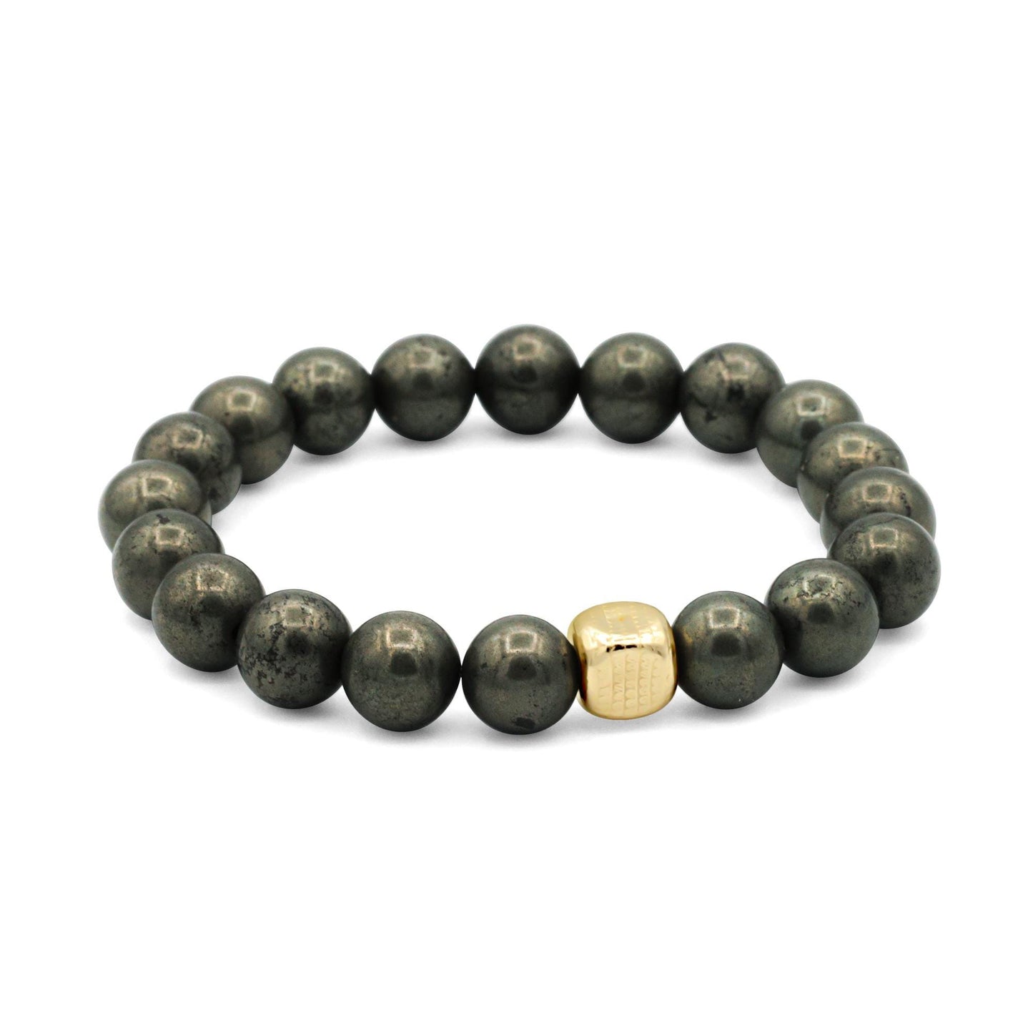Earthly Abundance Pyrite Snake Cube bracelet featuring a metallic snake-shaped design with shiny pyrite stones.