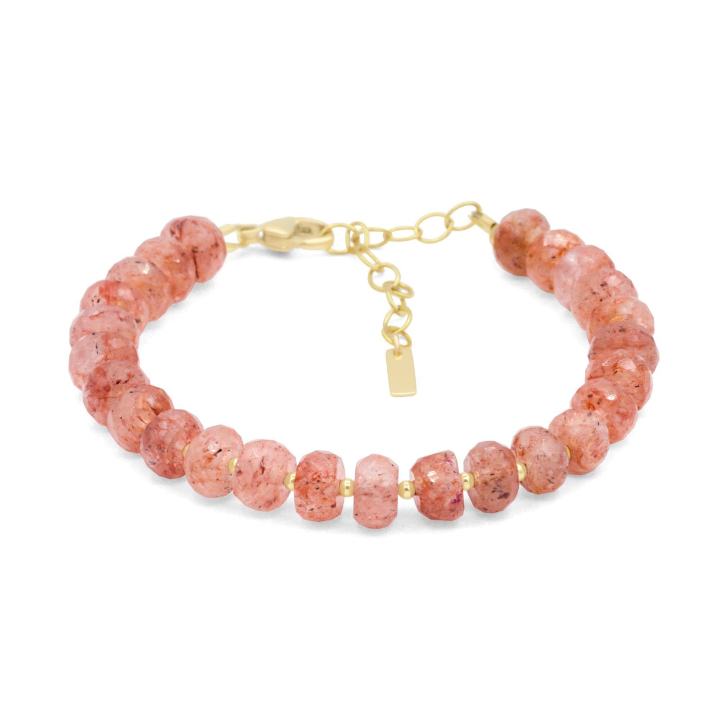 Strawberry Quartz bracelet with polished pink gemstone beads from Earthly Abundance, displayed on a neutral background.