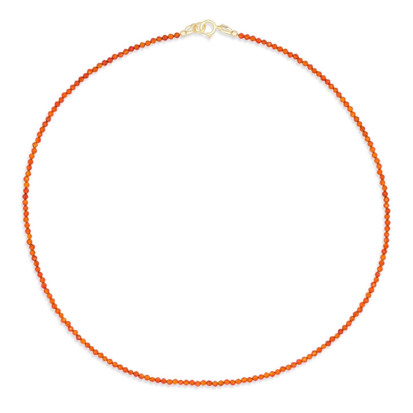 Earthly Abundance Carnelian Necklace with 2mm beads, showcasing vibrant orange-red gemstone beads on a delicate chain.