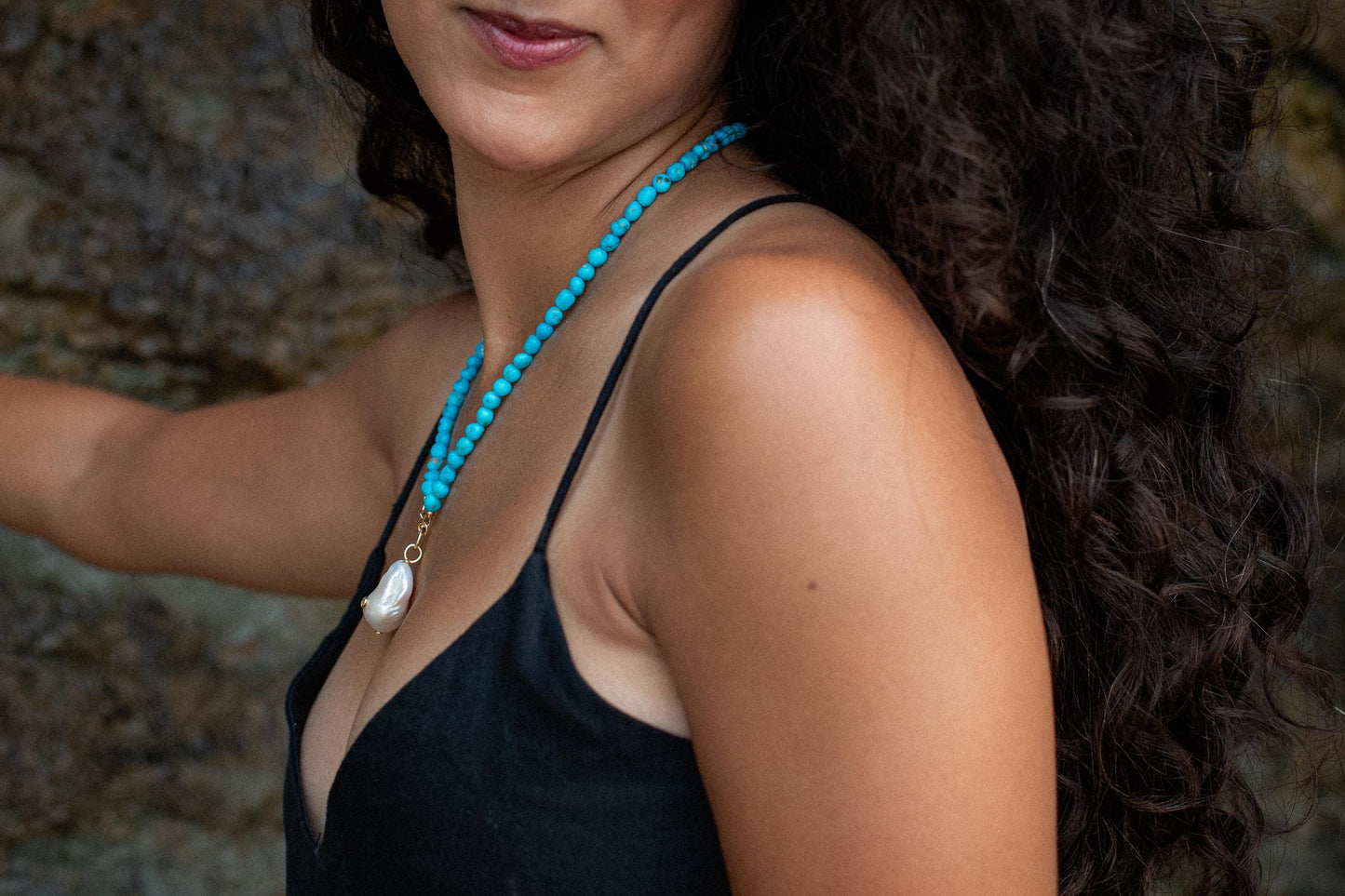 Coastal Elegance Turquoise Necklace by Earthly Abundance featuring pearls and peridot gemstones on a delicate chain.
