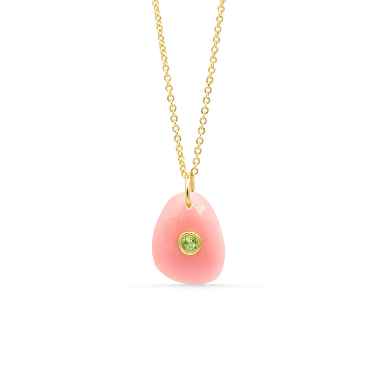 Pink Opal and Peridot Blush Bloom Pendant by Earthly Abundance featuring a delicate floral design on a silver chain.