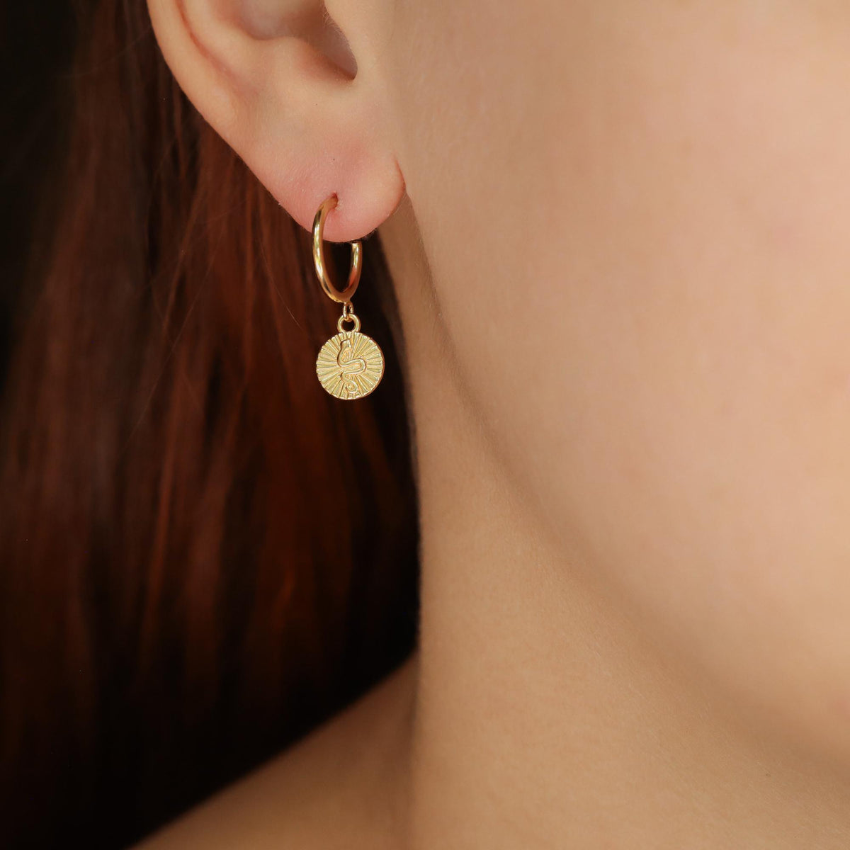 Earthly Abundance Ophidian Snake Hoop Earrings featuring sleek, silver-tone snake design on medium-sized hoop earrings.