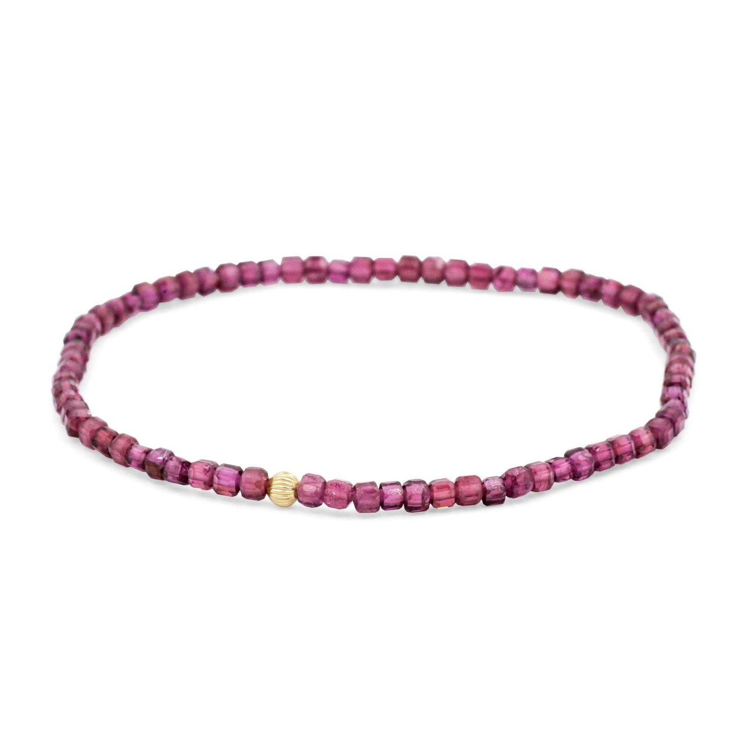 Earthly Abundance garnet cube bracelet in 14K gold featuring polished red gemstone cubes on a delicate chain.