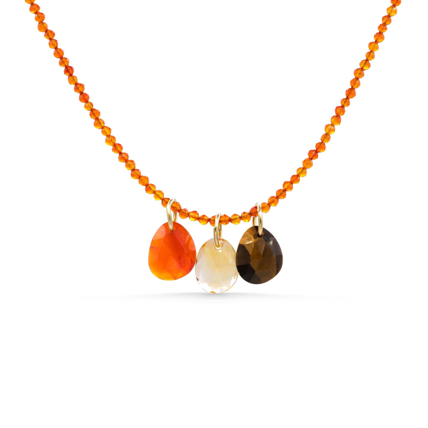 Sunshine Trio Necklace by Earthly Abundance featuring Carnelian, Citrine, and Tiger's Eye gemstones on a delicate chain.