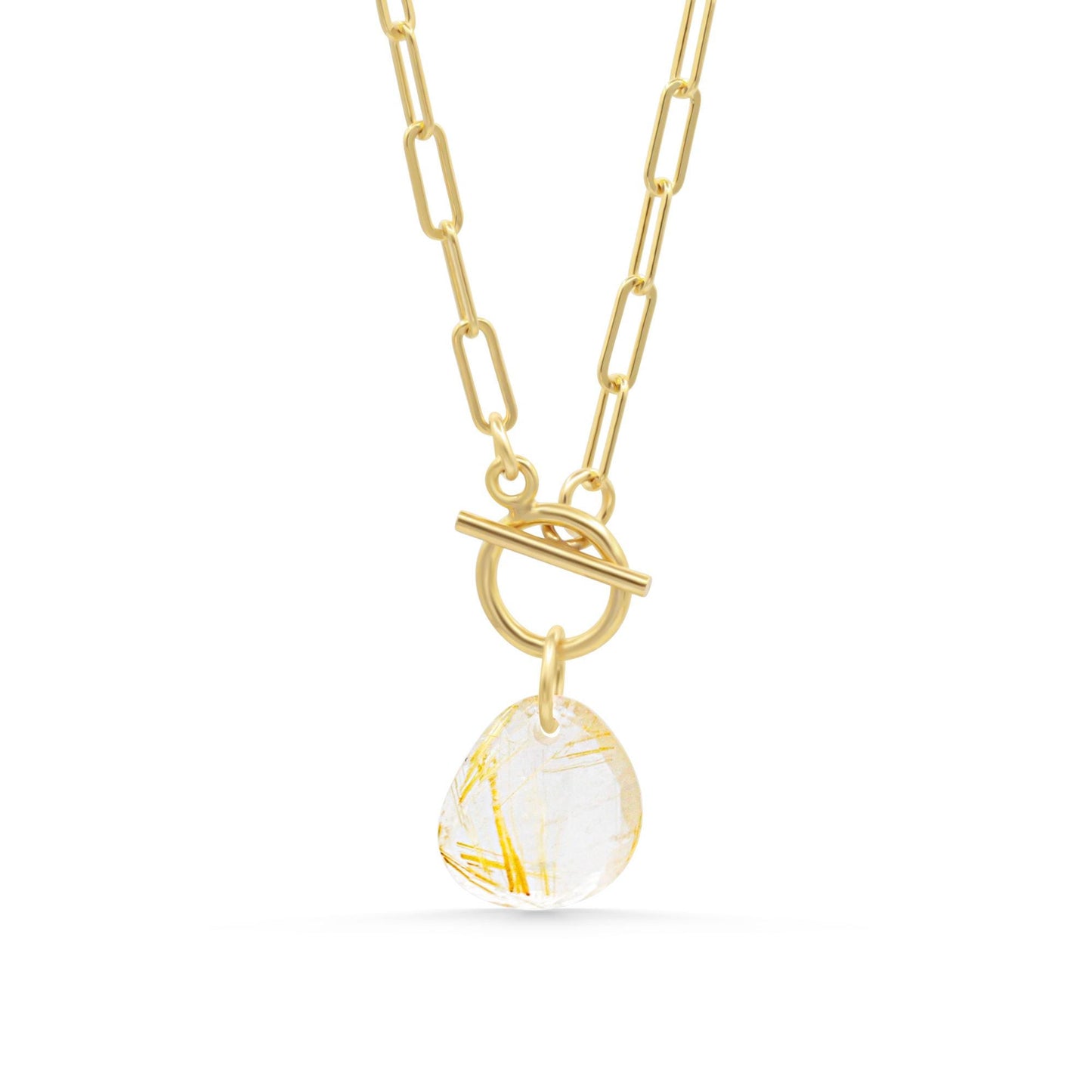 Golden rutilated quartz toggle necklace by Earthly Abundance featuring a polished gemstone and a toggle clasp for stylish wear.