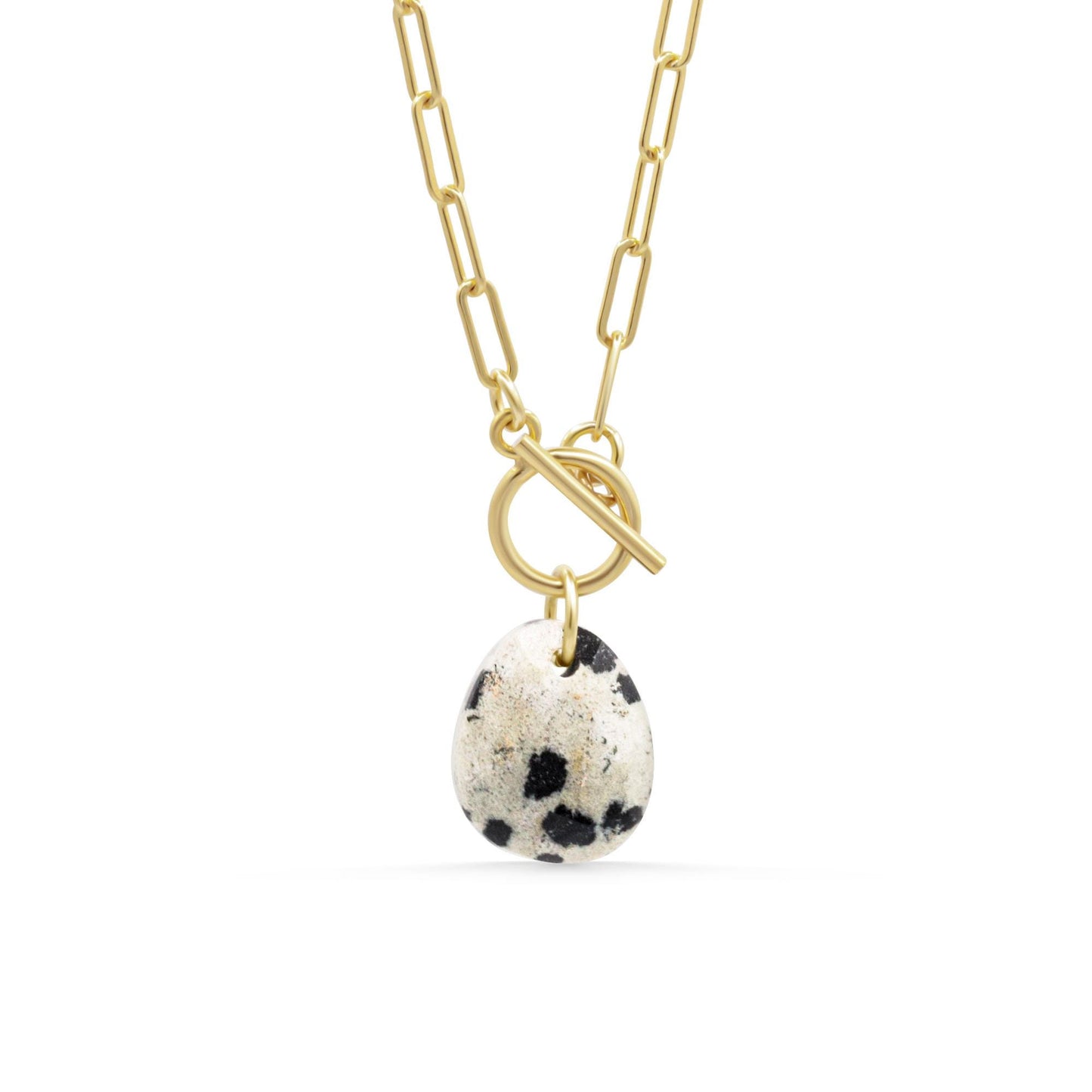 Dalmatian Jasper toggle necklace featuring black and cream spotted stones on a silver toggle clasp, handmade by Earthly Abundance.