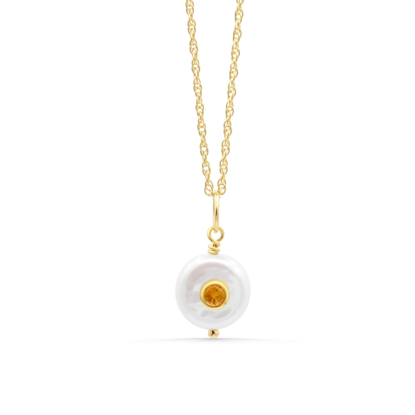 Sunlit Pearl Pendant featuring a lustrous pearl and citrine gemstone on a delicate chain, by Earthly Abundance.