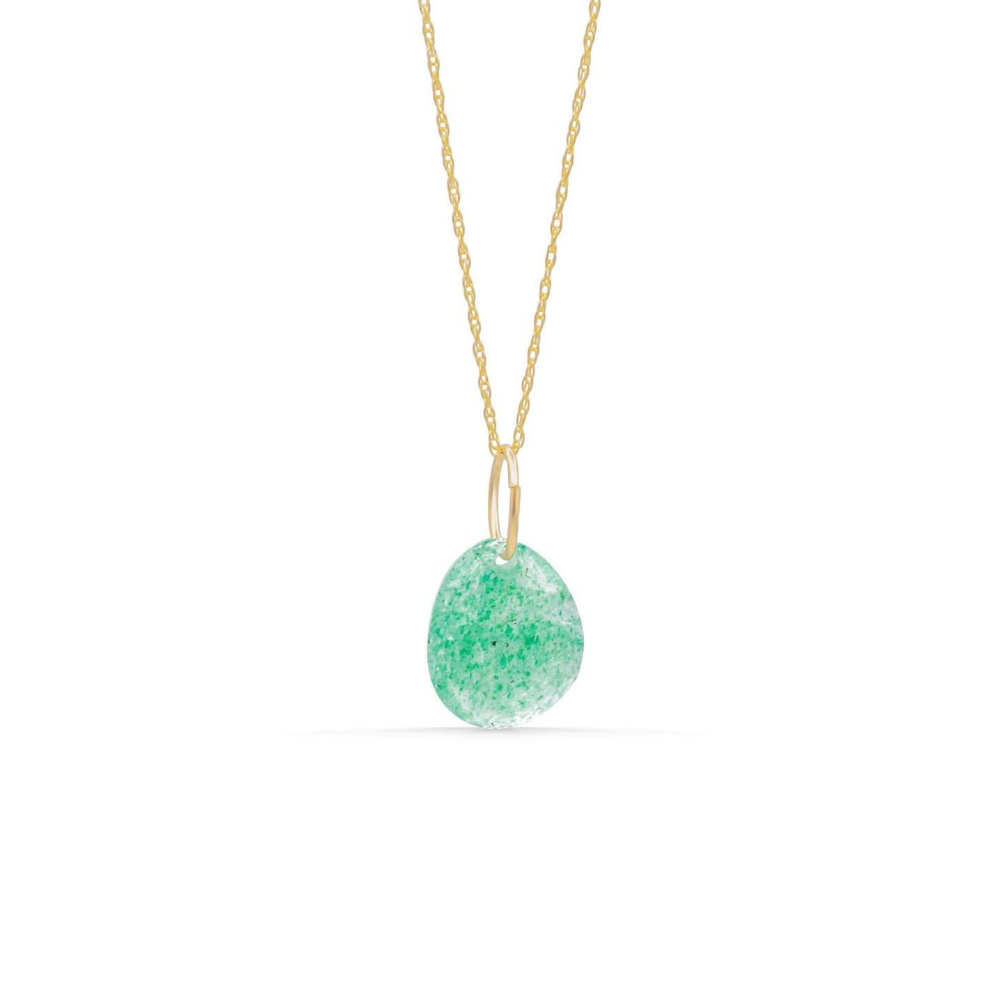 Green strawberry quartz pendant necklace with 14K gold chain from Earthly Abundance, showcasing a vibrant gemstone and elegant design.