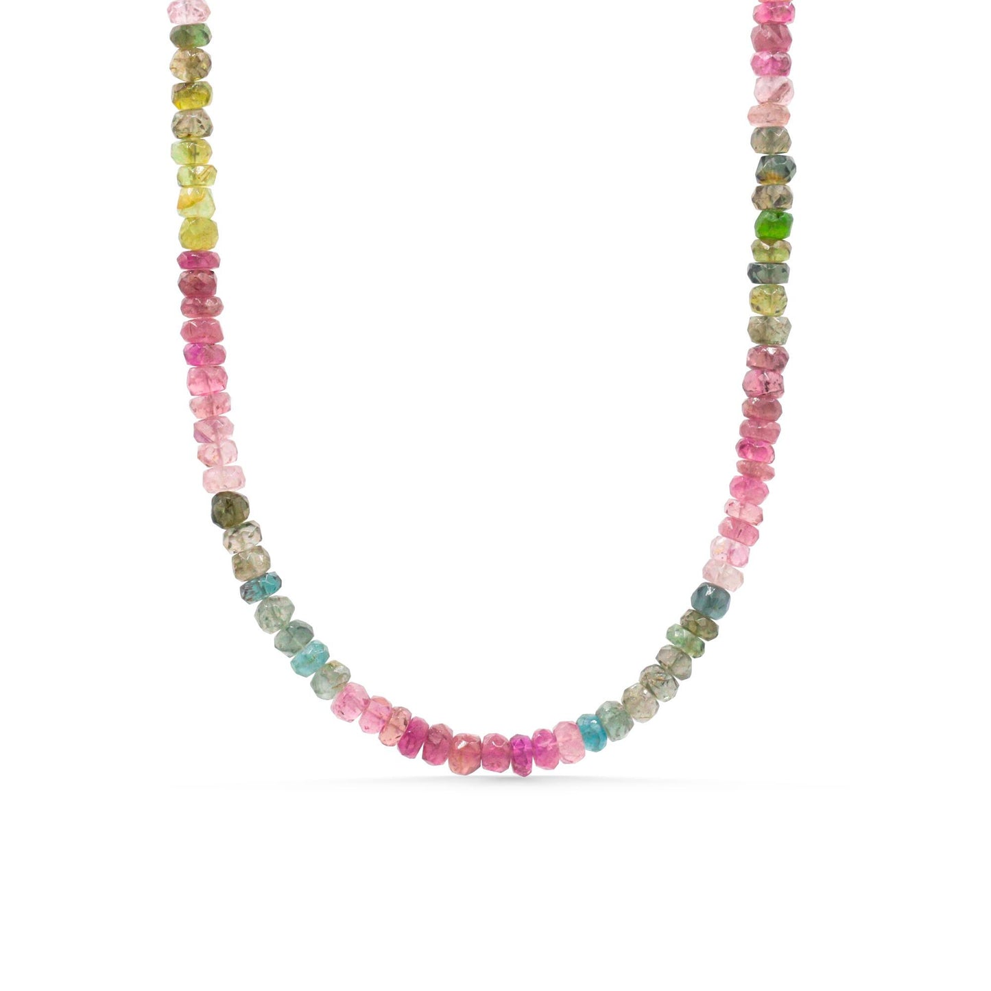 Watermelon Delight Tourmaline Necklace by Earthly Abundance featuring vibrant pink and green tourmaline beads on a silver chain