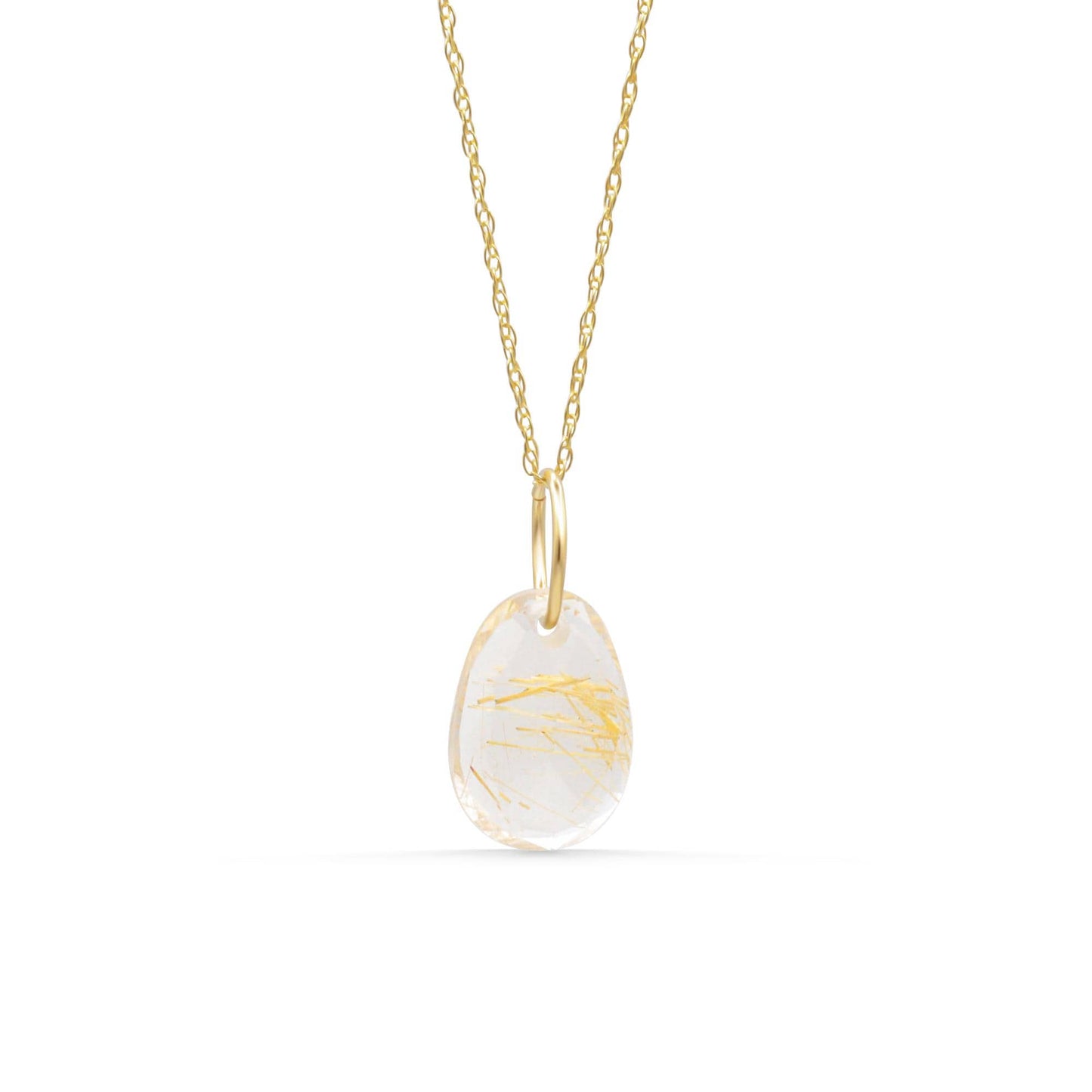 Rutilated Quartz pendant necklace with 14K gold setting, featuring a polished, natural gemstone on a delicate chain.
