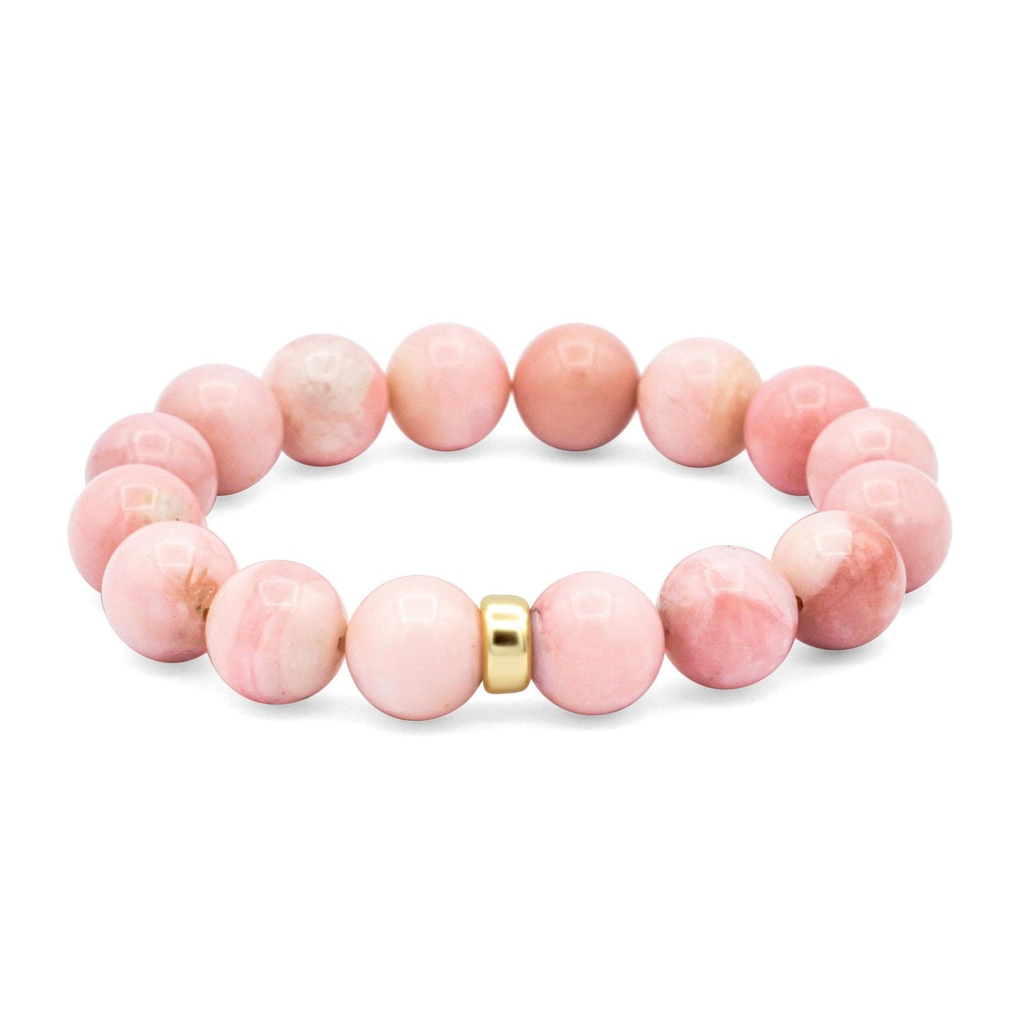 Pink Opal bracelet with 12mm beads featuring 14K gold accents, designed by Earthly Abundance, shown on a neutral background.
