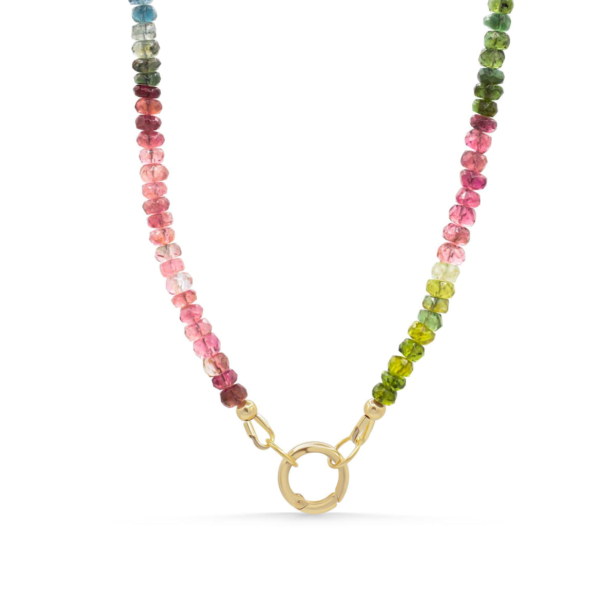 Watermelon Tourmaline Carabiner Necklace by Earthly Abundance featuring a vibrant gemstone pendant on a metal chain.