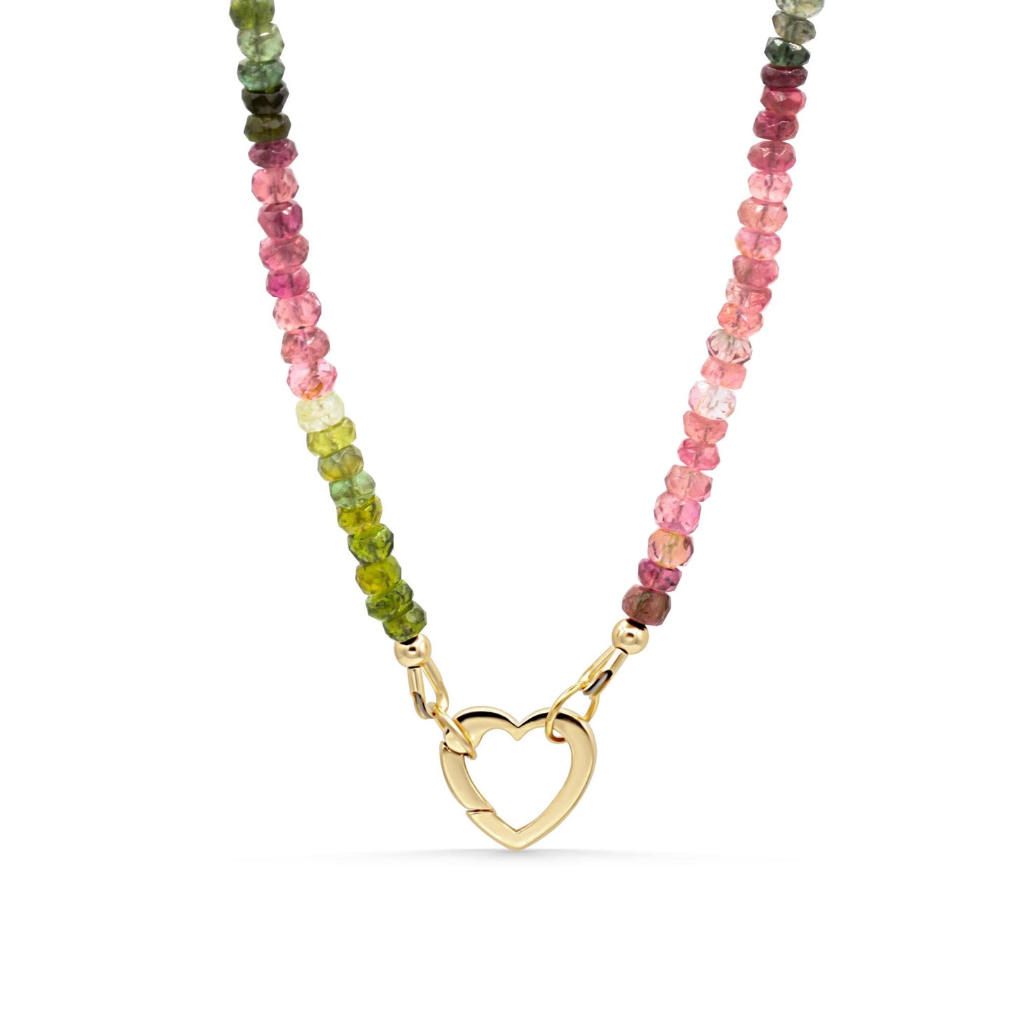 14K Pure Love Tourmaline Heart Necklace featuring a vibrant pink tourmaline pendant on a delicate chain.