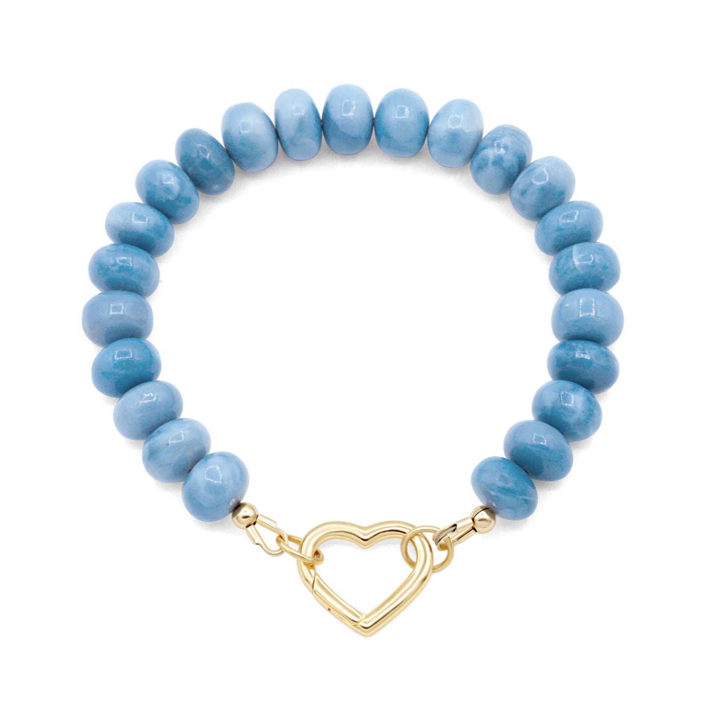 Blue opal bracelet with coastal heart charm from Earthly Abundance, featuring polished beads and elegant jewelry design.