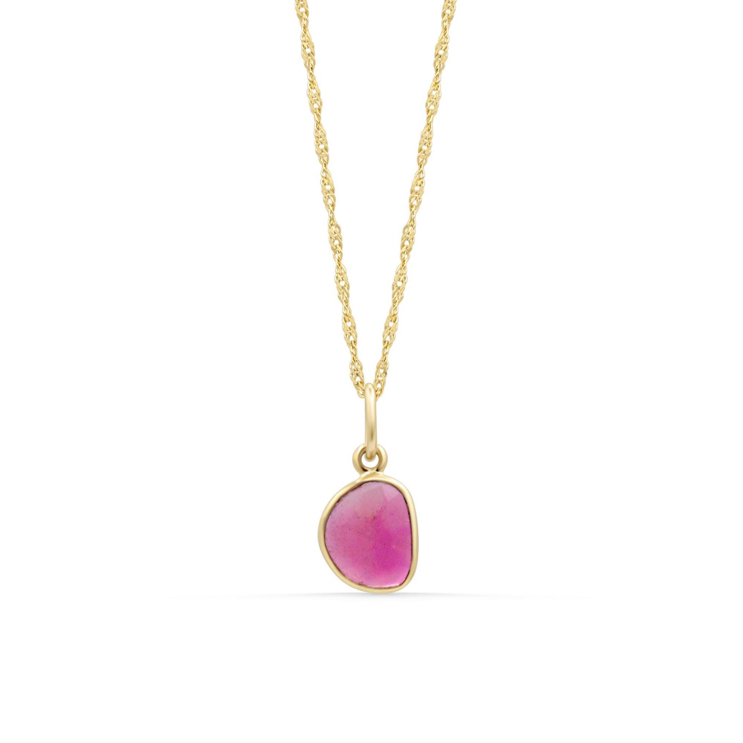 Pink Tourmaline necklace with 14K gold chain from Earthly Abundance, showcasing a vibrant pink gemstone pendant.