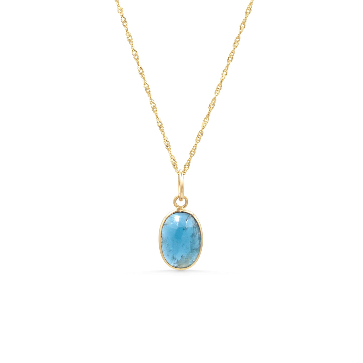 Azure Horizon Moss Kyanite necklace with 14K gold chain, featuring a polished blue-green Kyanite pendant from Earthly Abundance.