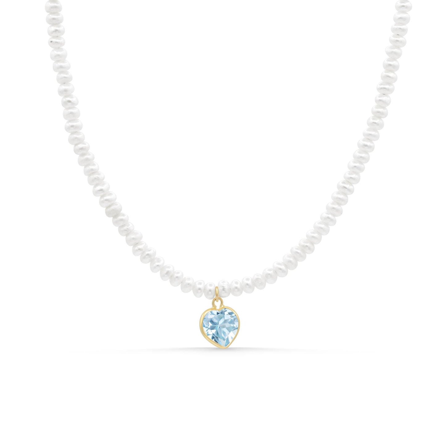 Elegant Heart of the Ocean pearl necklace with blue topaz accents in 14K gold, featuring a luxurious design by Earthly Abundance.