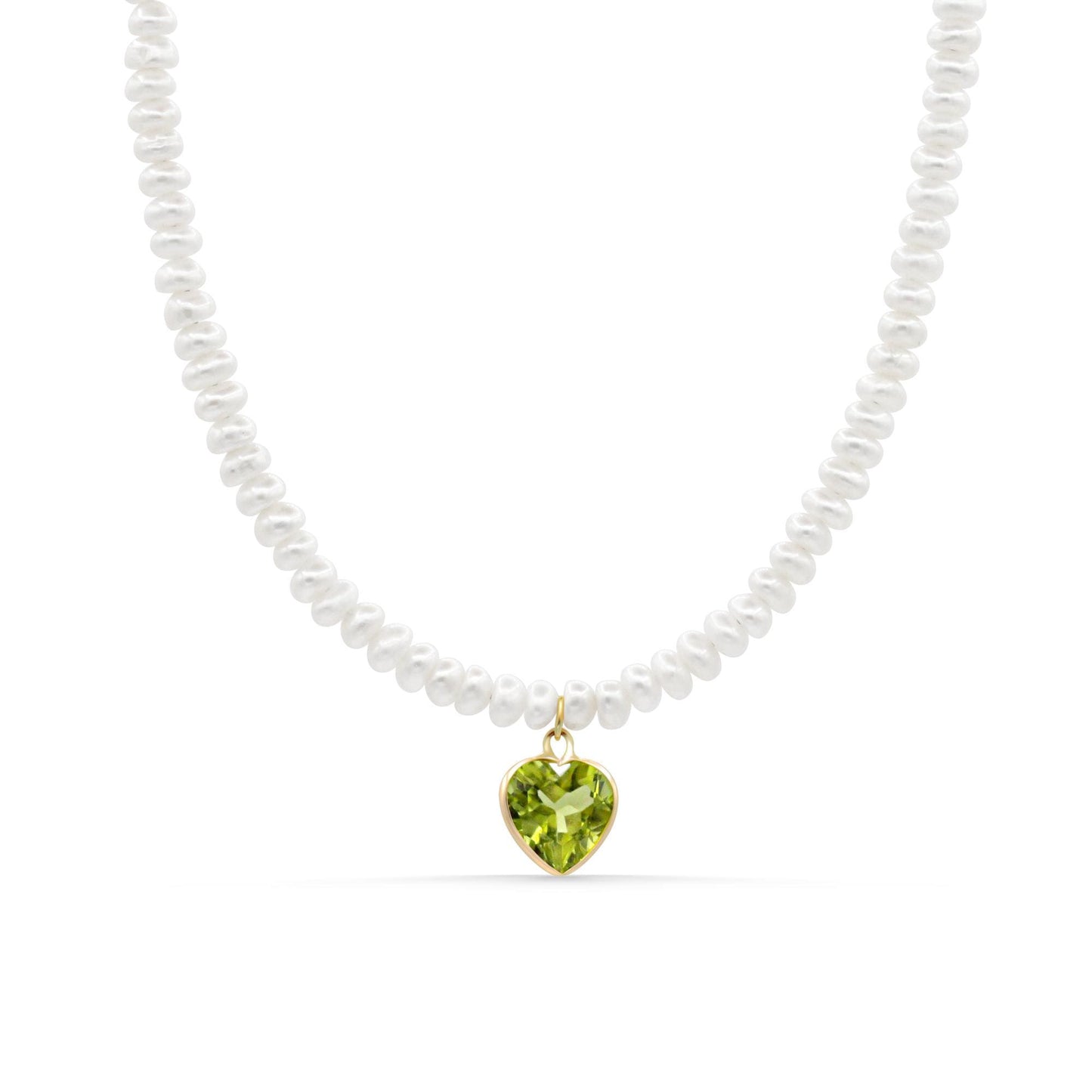 Heart of Spring Necklace with Peridot and Pearl in 14K gold, featuring a delicate pendant design from Earthly Abundance.