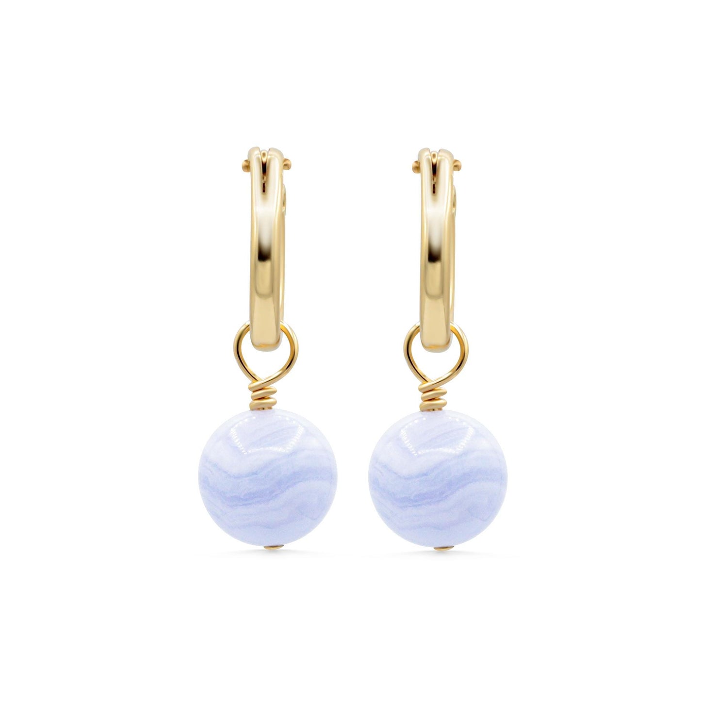 Blue Lace Agate hoop earrings with 14K gold-filled accents, featuring elegant gemstone beads and gold hoops.