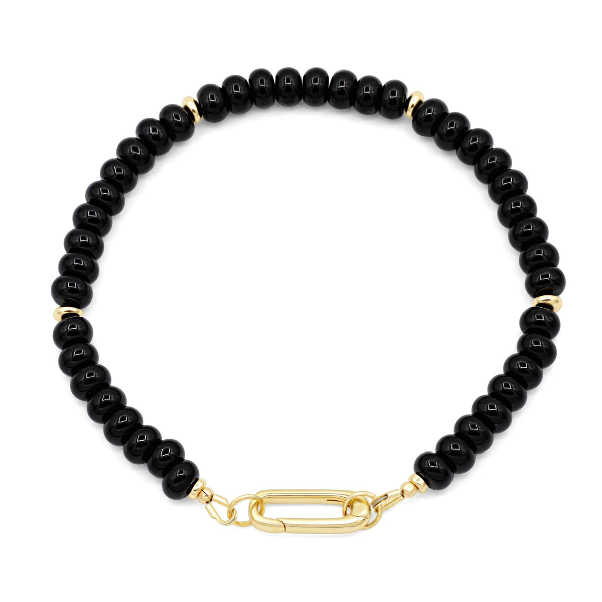 Black Onyx Carabiner Bracelet by Earthly Abundance featuring sleek black onyx beads and a sturdy metal carabiner clasp.