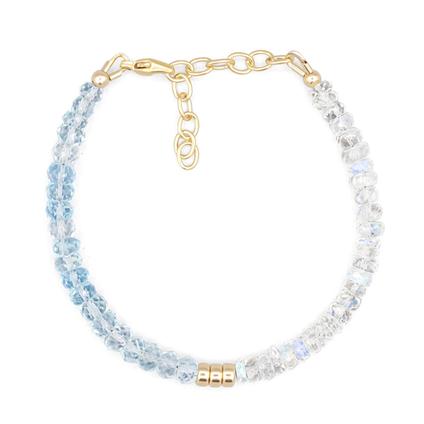 Luna Maret bracelet by Earthly Abundance featuring moonstone and aquamarine beads on a delicate silver chain.
