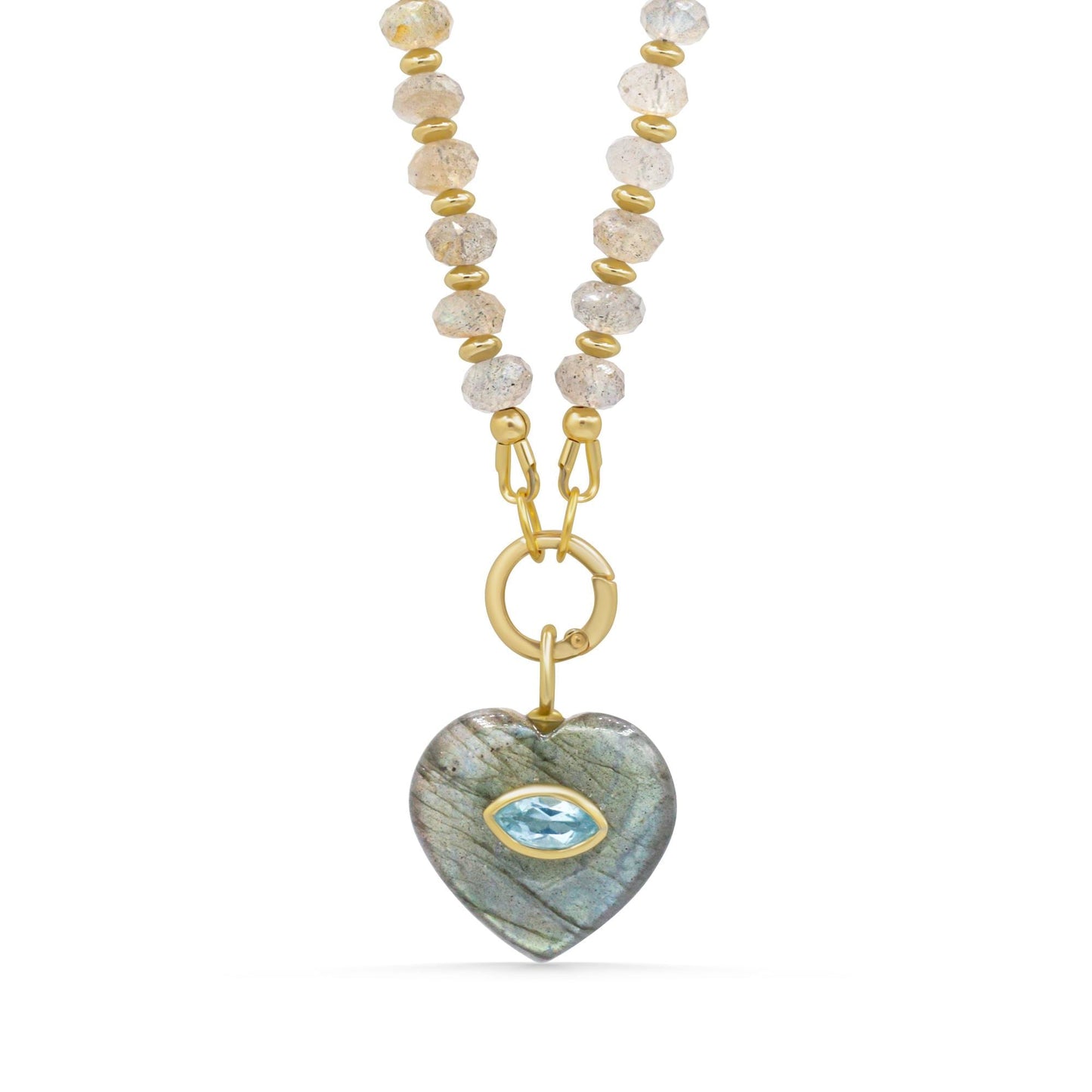 Celestial Heart Labradorite Necklace by Earthly Abundance featuring a polished labradorite pendant with celestial motifs on a chain