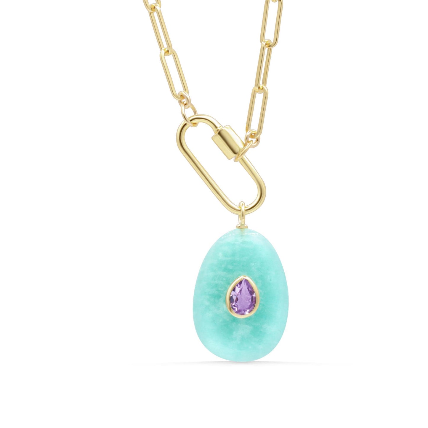 Laguna Amazonite Carabiner Necklace by Earthly Abundance featuring a green-blue amazonite stone on a metal carabiner clasp.