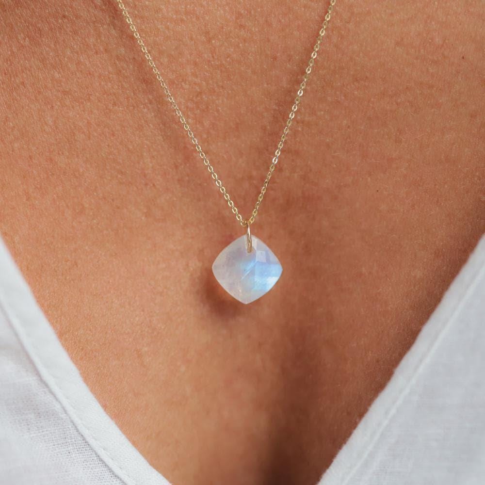 Rainbow Moonstone Faceted Pendant Necklace, Flash Moonstone Charm, Gold Filled Chain Option, Intuition Crystal Jewelry, Handmade in Canada