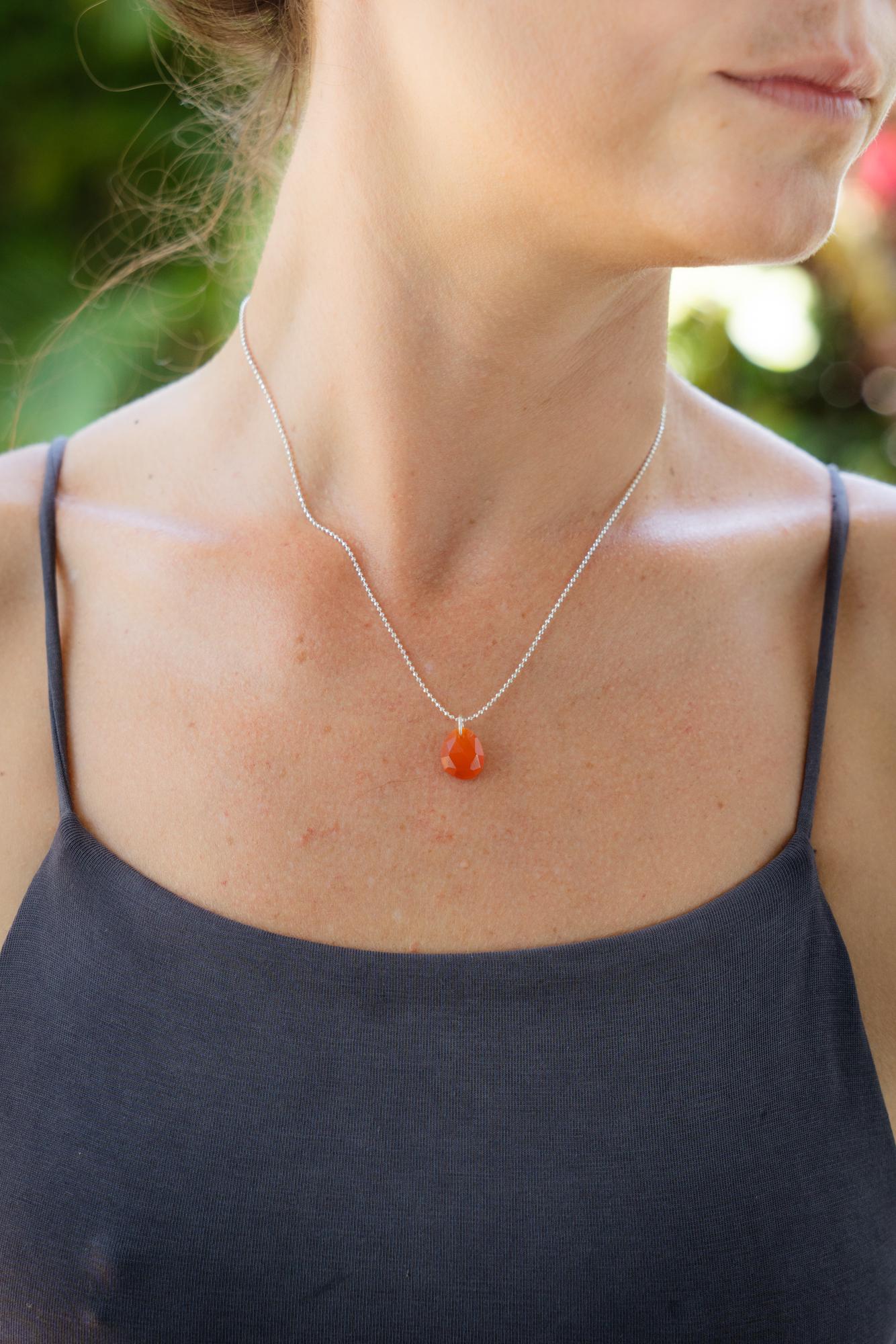 Sterling silver Carnelian ball chain necklace featuring vibrant orange-red polished gemstone beads by Earthly Abundance