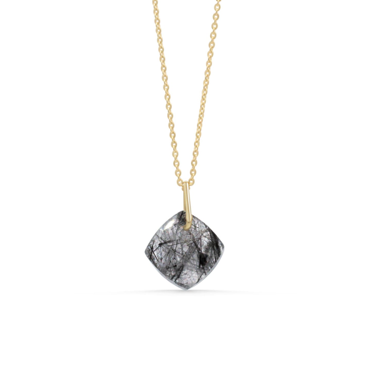 Rutilated Quartz pendant necklace with a polished gemstone on a silver chain, showcasing natural golden rutile inclusions.