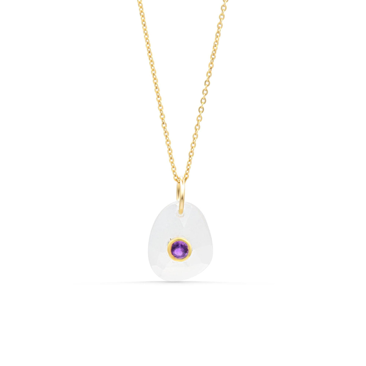 Lilac moon pendant featuring moonstone and amethyst, crafted by Earthly Abundance, with a delicate silver chain.
