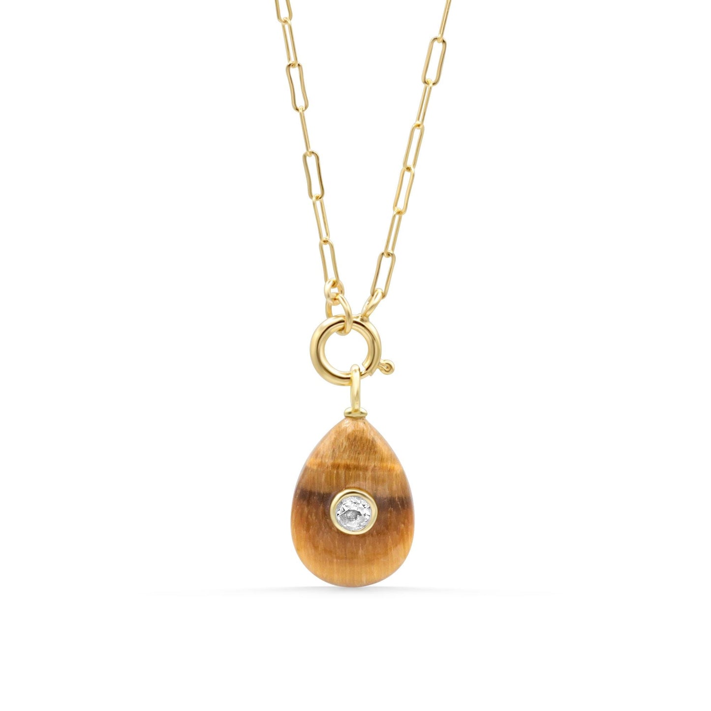 Canyon Light Necklace Tiger's Eye Pendant Necklace, White Topaz Necklace, Gold Filled Paperclip Chain, Removable Tiger Eye Charm