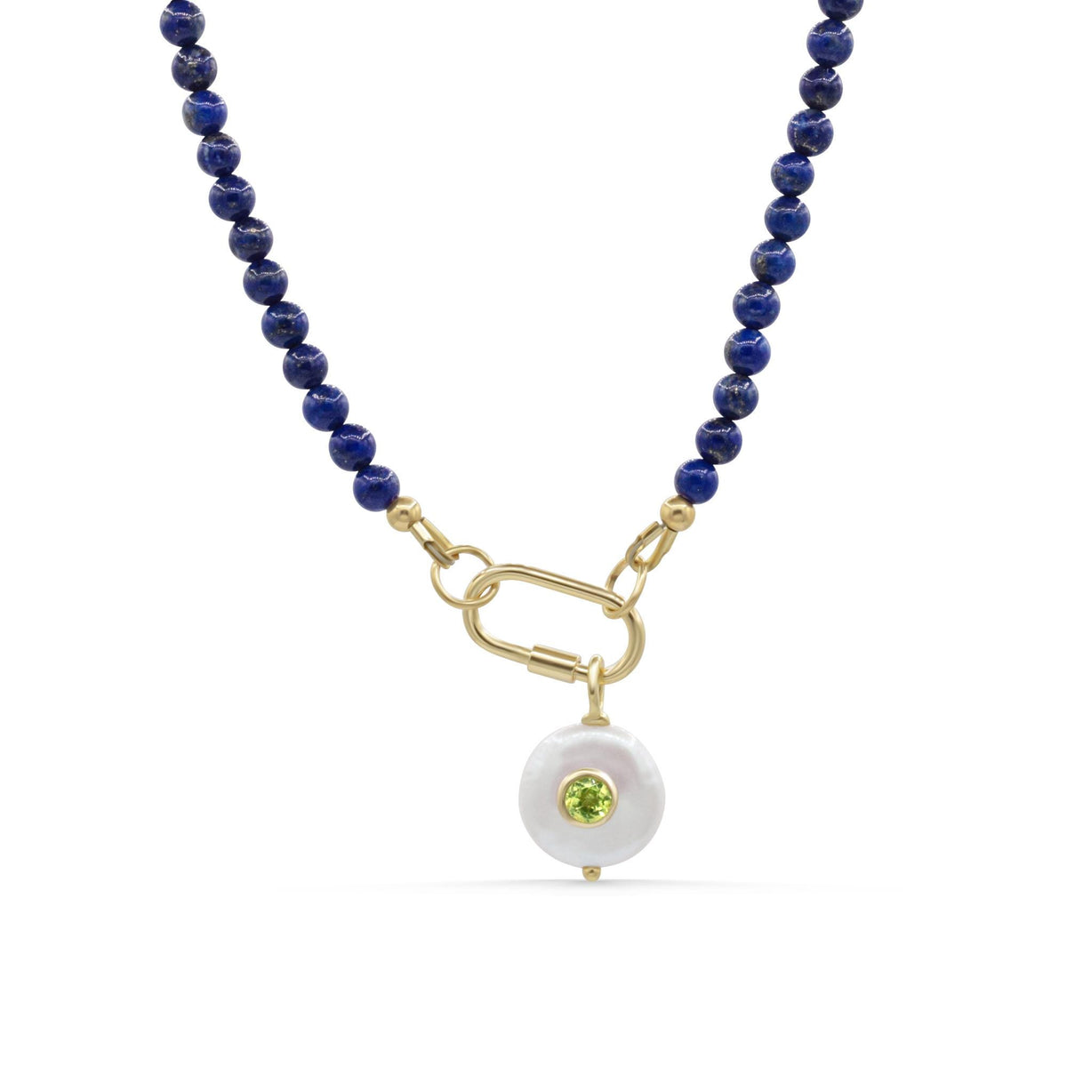 Midnight Garden Lapis Lazuli Carabiner Necklace, Pearl & Peridot Pendant, 14K Gold Filled Necklace, Natural Lapis Beaded Necklace