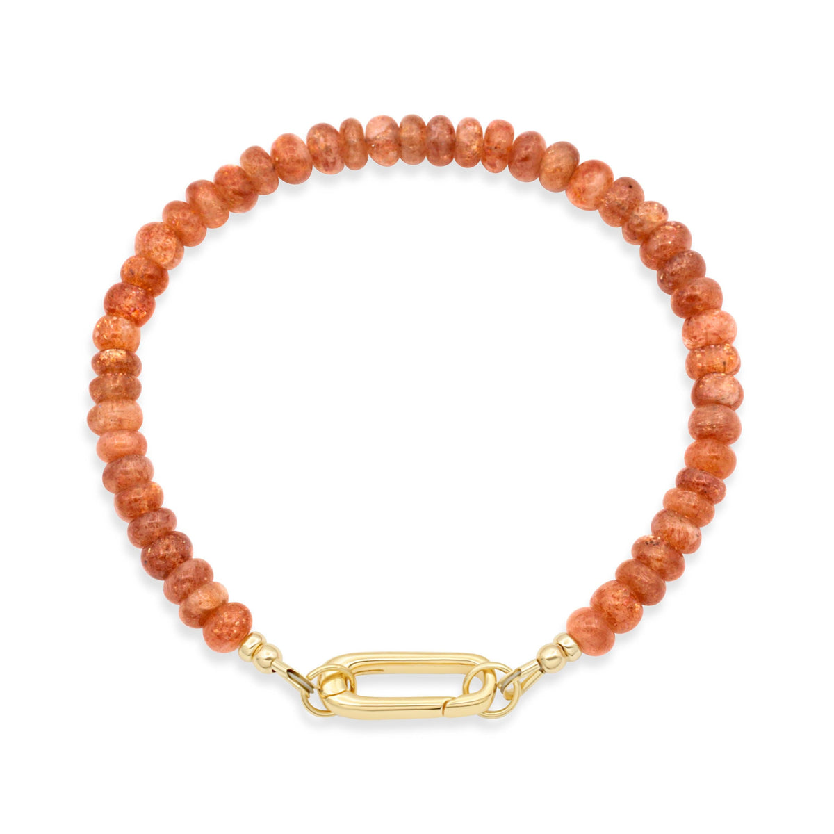 Earthly Abundance Solara Link Sunstone Carabiner Bracelet featuring sunstone beads and a sturdy metal carabiner clasp.