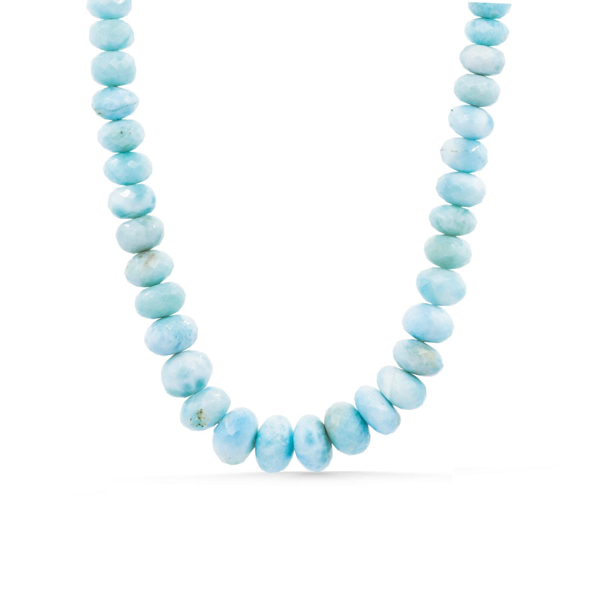 Caribbean Blue Larimar necklace with polished beads and silver clasp from Earthly Abundance, displayed on a neutral background.