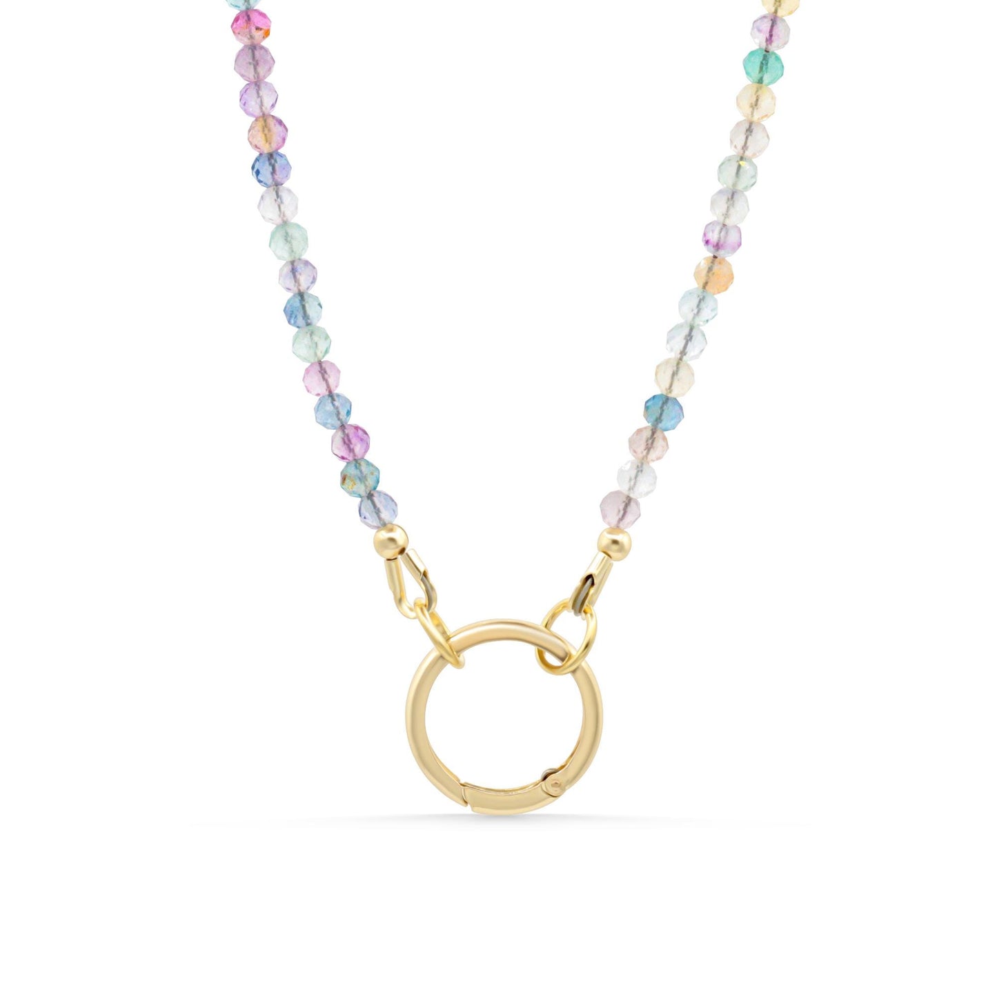 Rainbow Fluorite Necklace, 3mm Faceted Gemstone Necklace, Gold Filled Carabiner Necklace, Colorful Beaded Necklace, Charm Holder Necklace