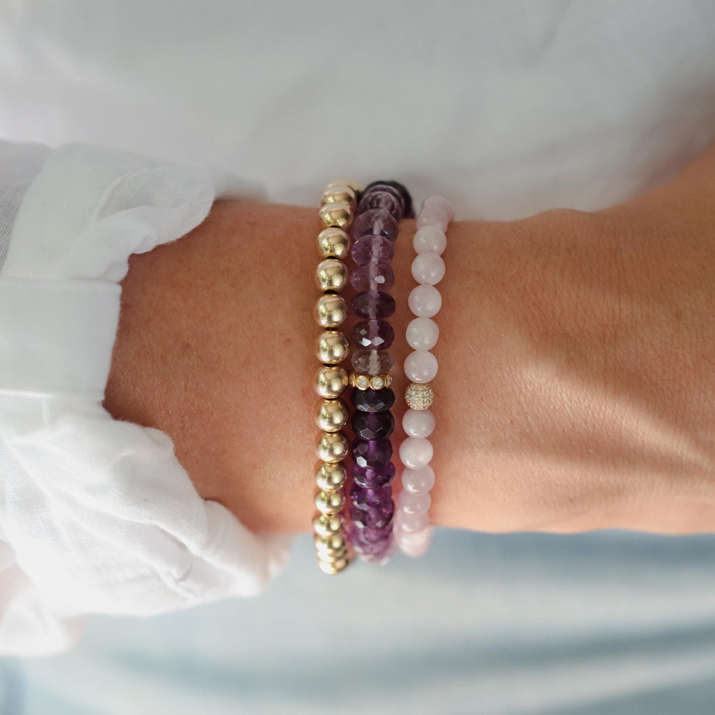 Kunzite Bracelet, 5mm Genuine Kunzite Bracelet, Diamond 14K Gold Bead, Solid Gold Gemstone Bracelet, Pink Kunzite Jewelry, Gift for Her