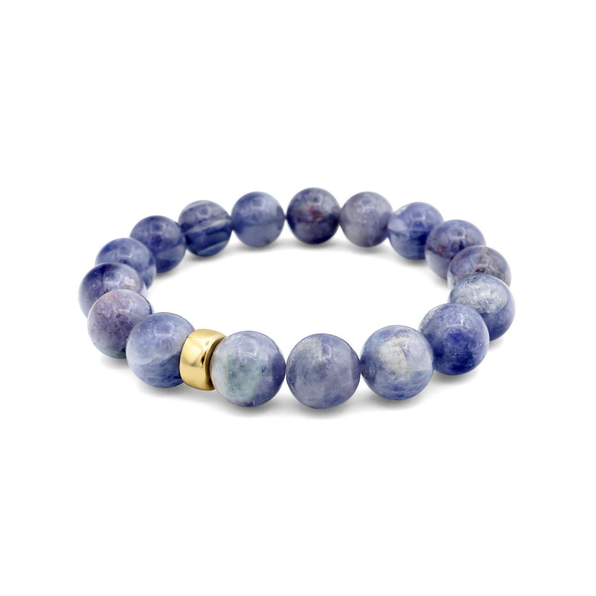 Earthly Abundance 10mm Iolite bracelet featuring polished blue gemstone beads on elastic stretch cord.
