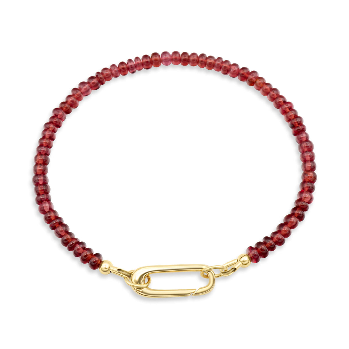Garnet carabiner bracelet with earthy beads and metal clasp, stylish jewelry piece from Earthly Abundance.