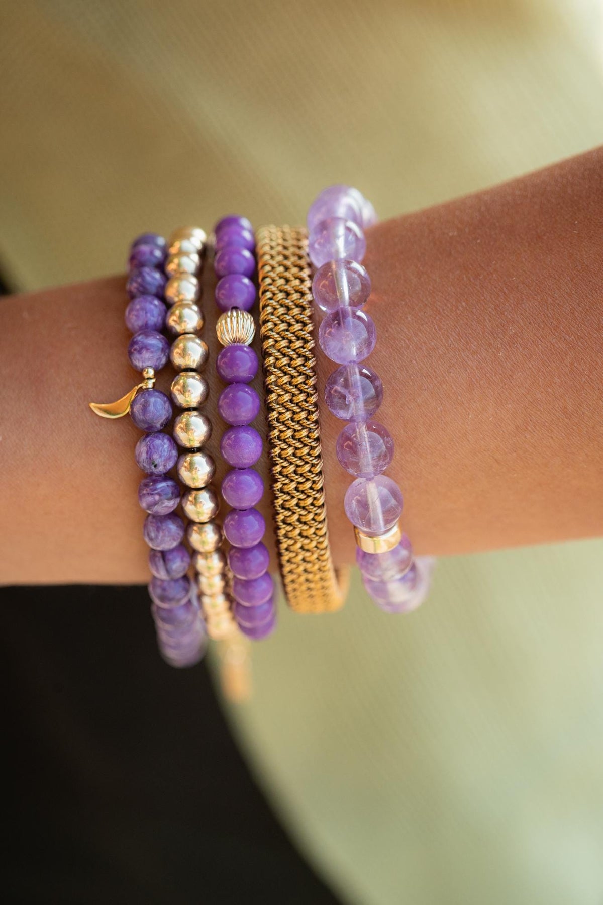 Earthly Abundance Lilac Haze Amethyst bracelet with polished purple beads and natural crystal accents