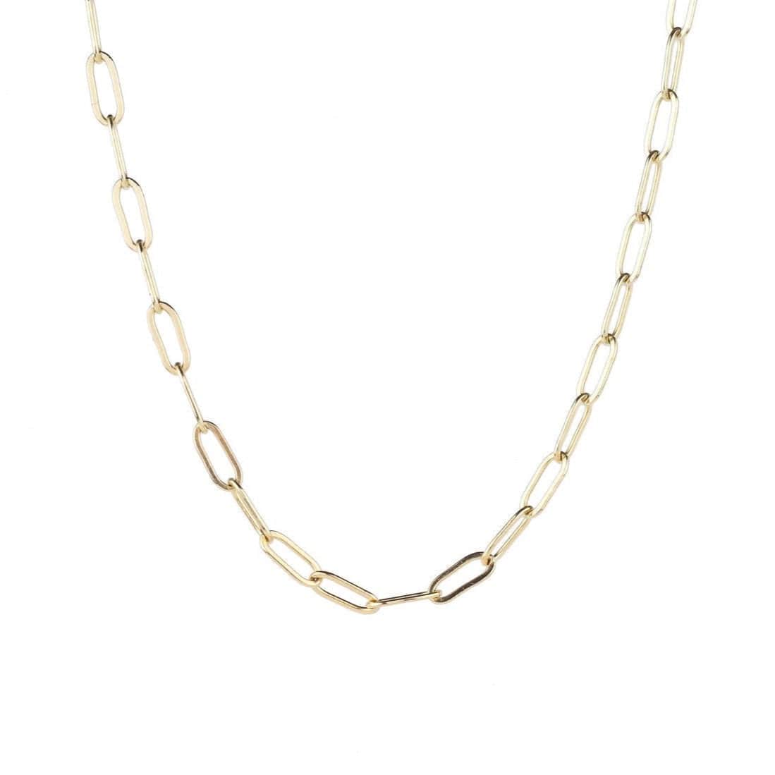 Small paperclip chain necklace in 14K gold filled by Earthly Abundance Jewelry, close-up showing the sleek, shiny gold links.