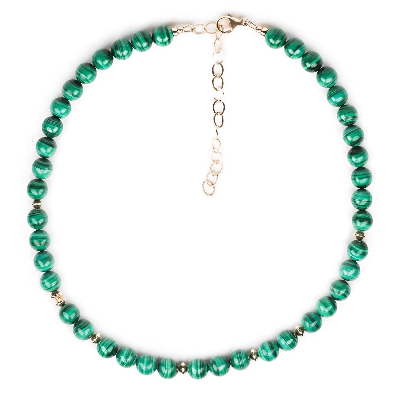 Earthly Abundance Jewelry Malachite power necklace featuring a vibrant green gemstone on a delicate chain.