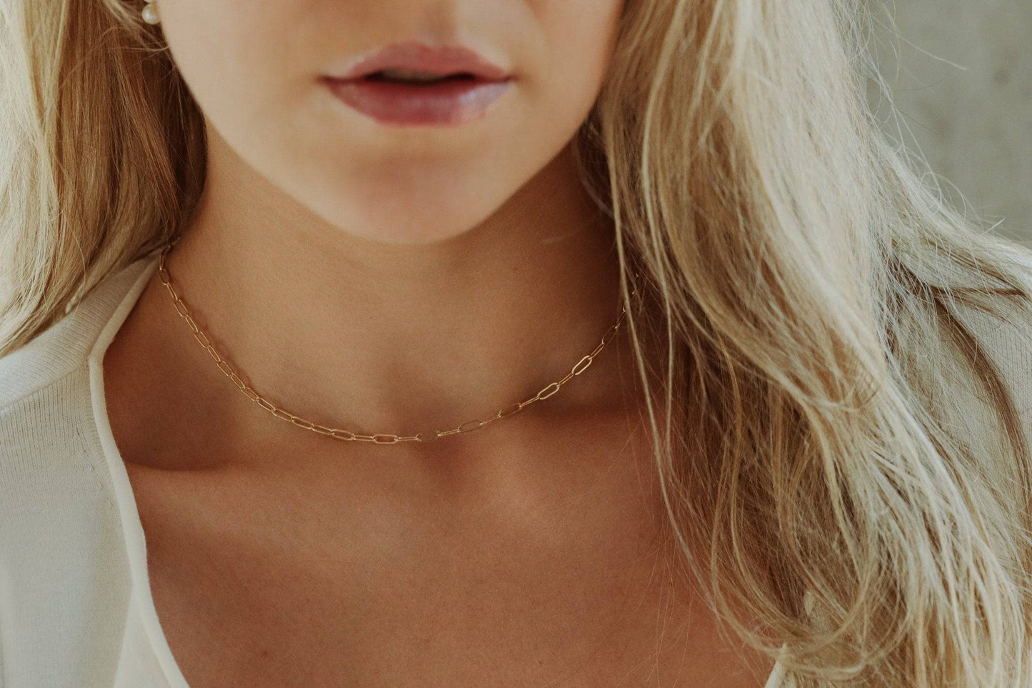 Small paperclip chain necklace in 14K gold filled, featuring a delicate, minimalist jewelry design from Earthly Abundance Jewelry.