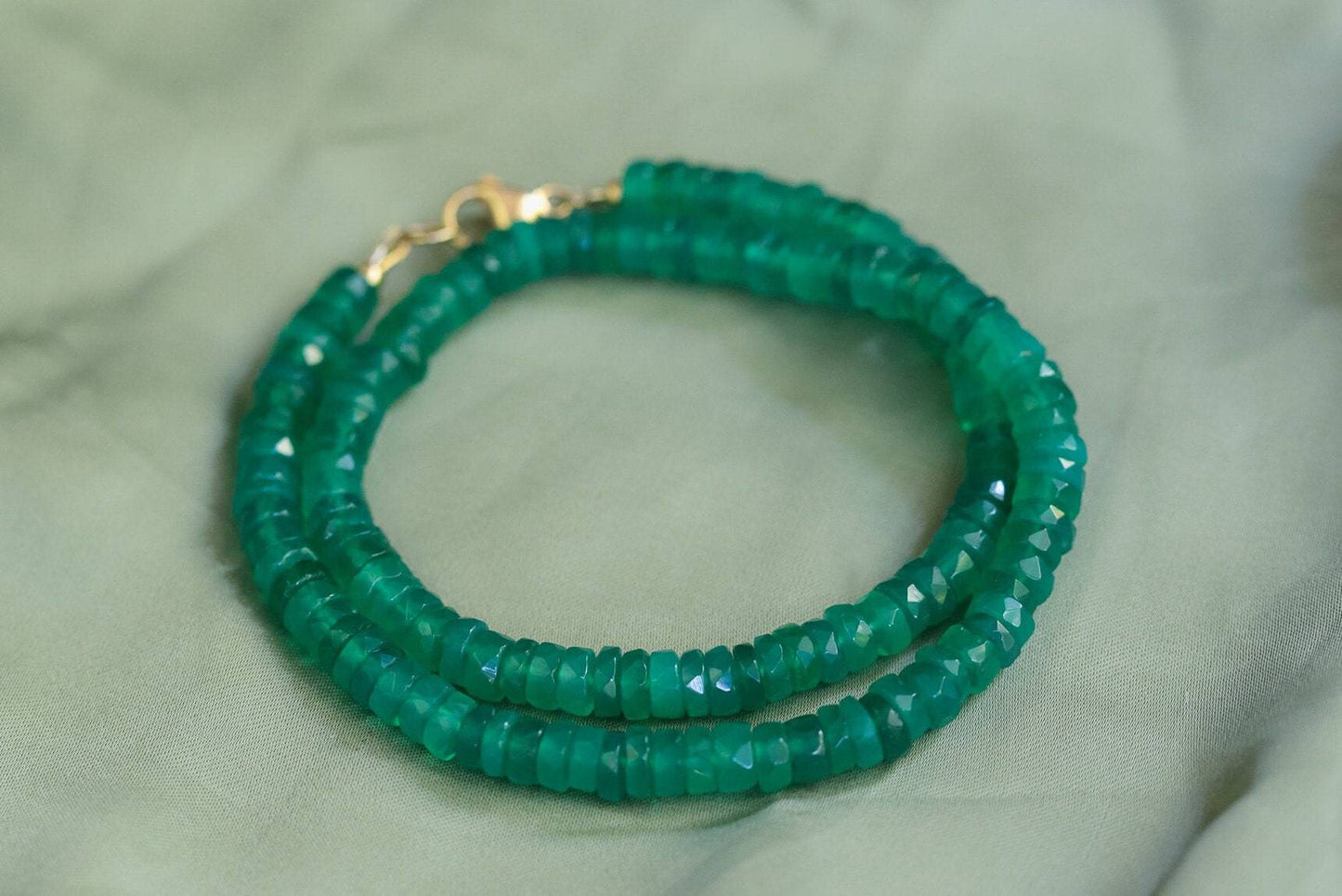 Green onyx heishi necklace featuring small, round green onyx beads from Earthly Abundance Jewelry.