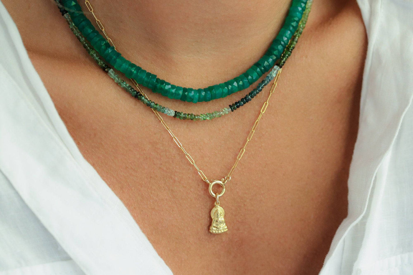 Green Onyx Heishi necklace featuring small, smooth green onyx beads strung on a delicate cord, designed by Earthly Abundance Jewelry.