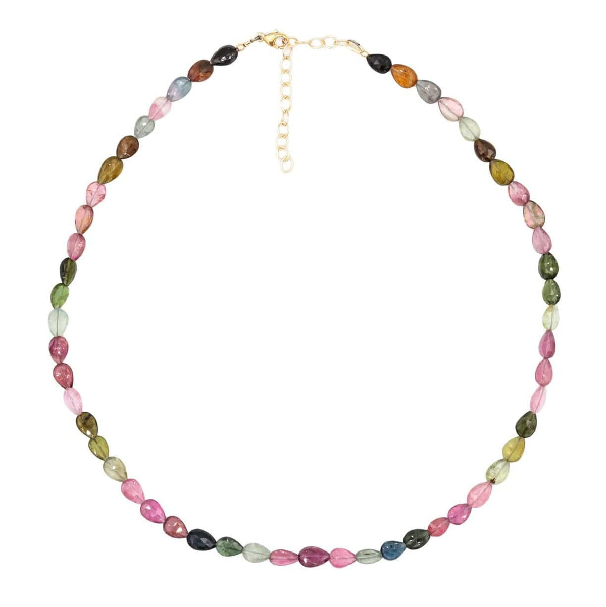 Mixed tourmaline pear-shaped necklace featuring colorful gemstone pendants on a delicate chain, by Earthly Abundance.