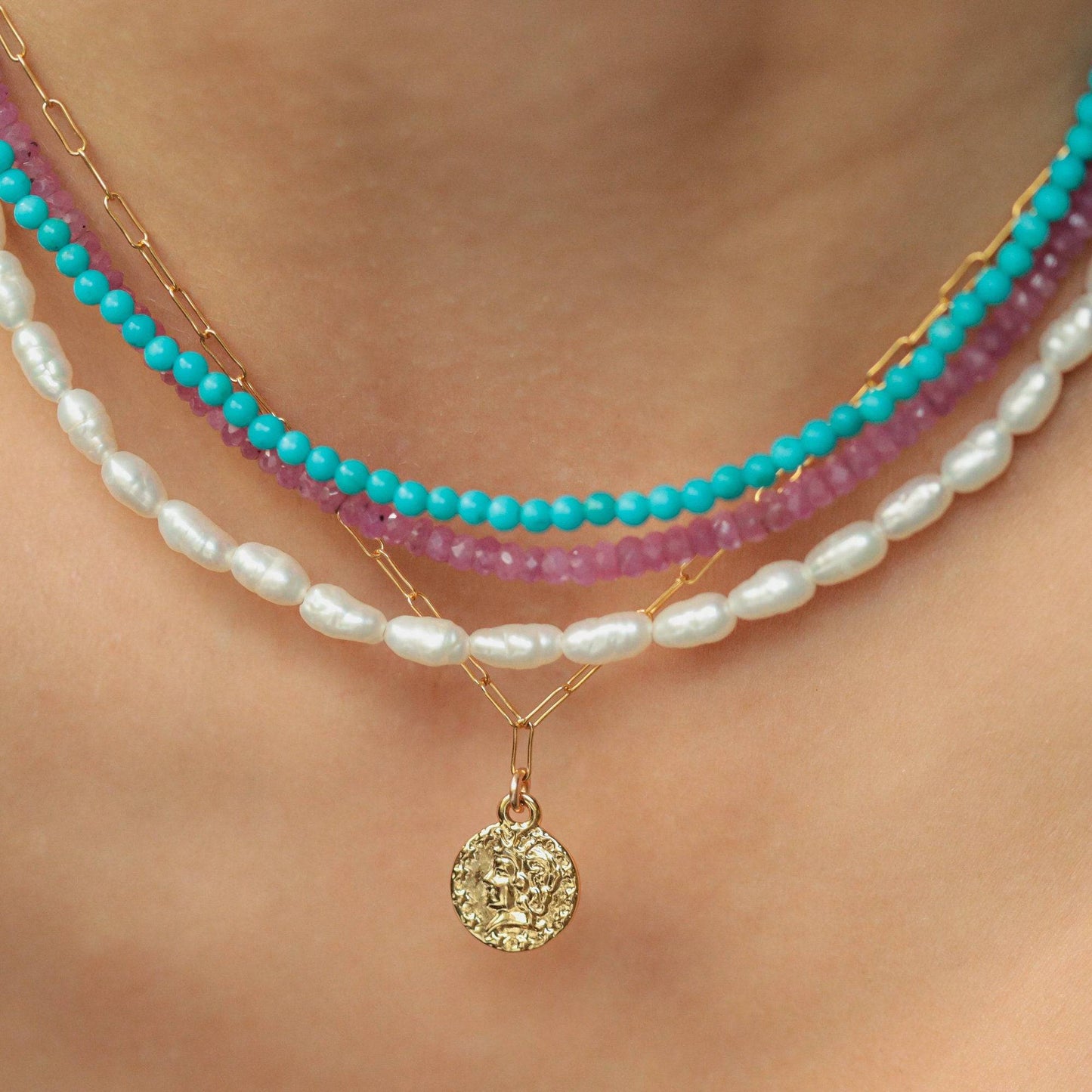 14K gold-filled Rice Pearl necklace from Earthly Abundance, featuring a delicate string of lustrous white pearls.