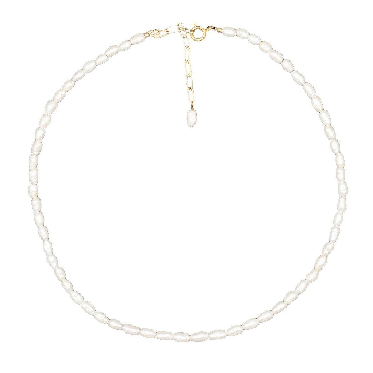 14K gold-filled rice pearl necklace by Earthly Abundance, featuring delicate white pearls and a fine gold chain.